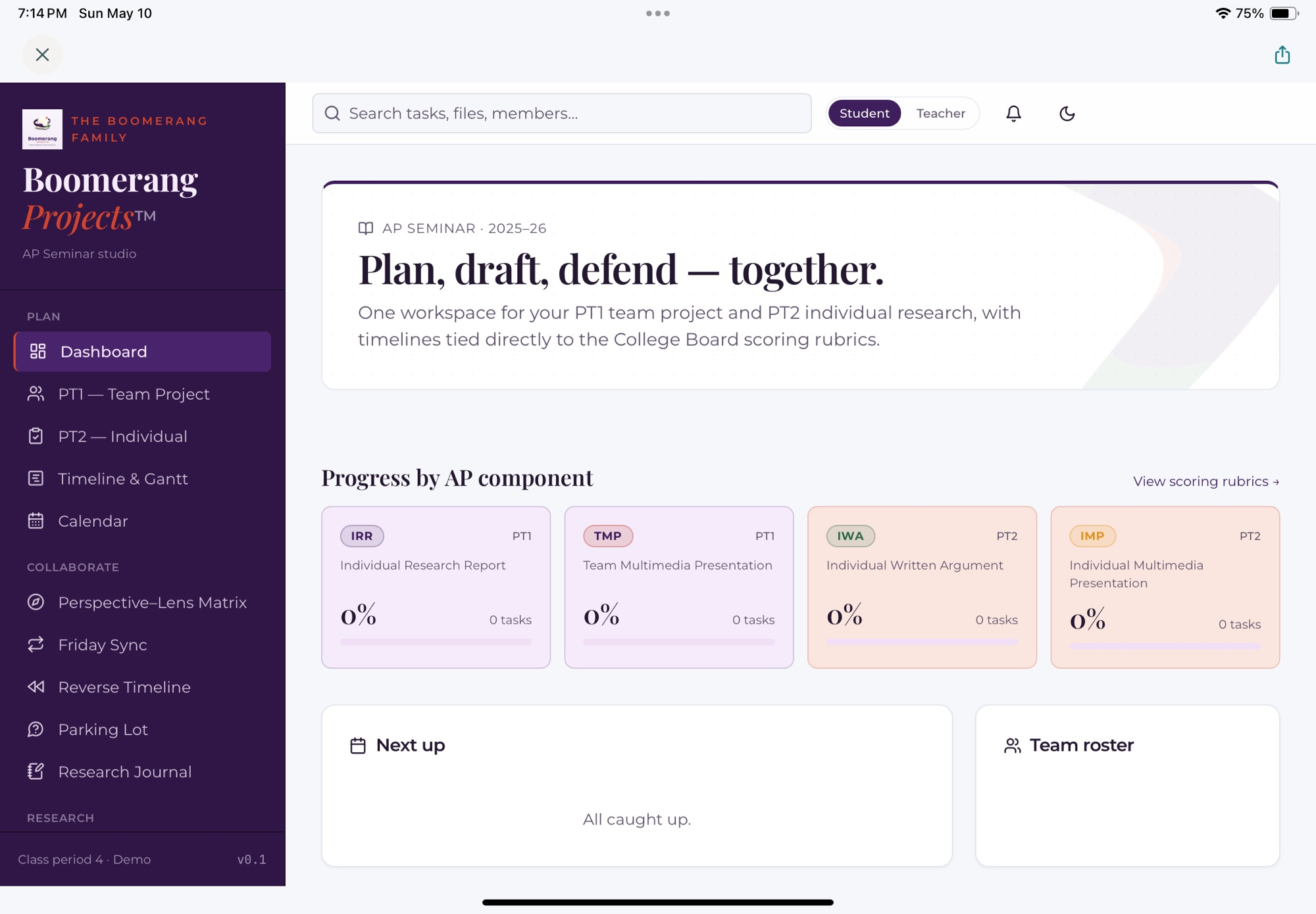 Boomerang Projects student dashboard showing PT1 and PT2 progress across IRR, TMP, IWA, and IMP, with quick links to scoring rubrics.