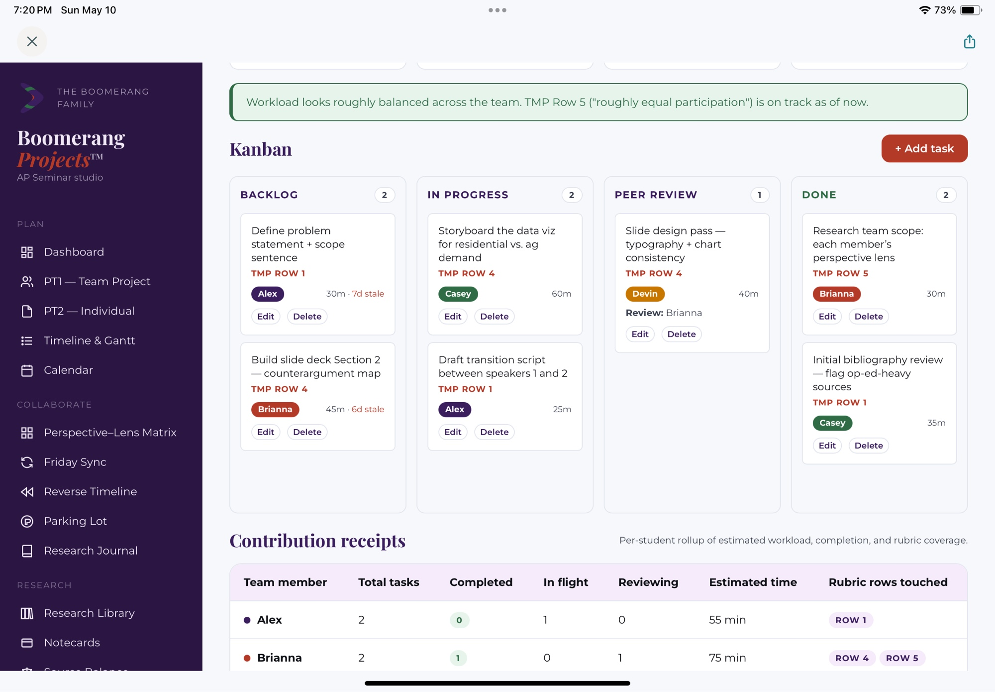 Boomerang Projects TMP Planner — kanban board with Backlog, In Progress, Peer Review, and Done columns; tasks tagged to TMP rubric rows; Contribution Receipts rolled up per teammate.