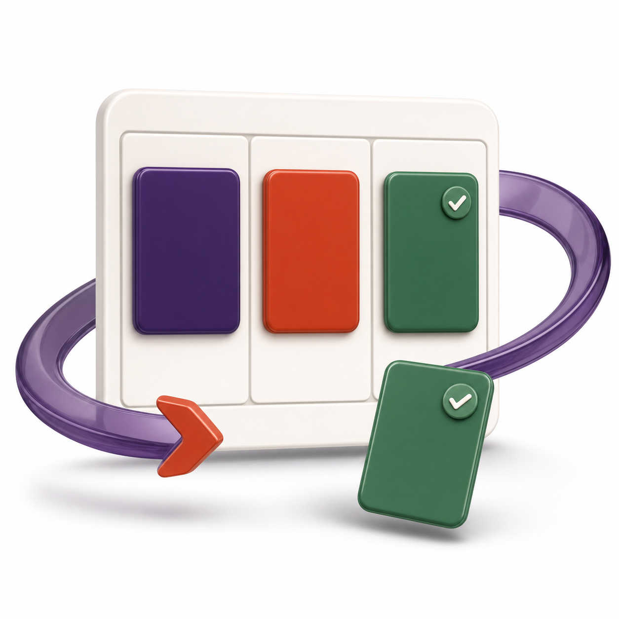 A 3D illustration of a project board wrapped by a plum boomerang arc with a sage return chevron.