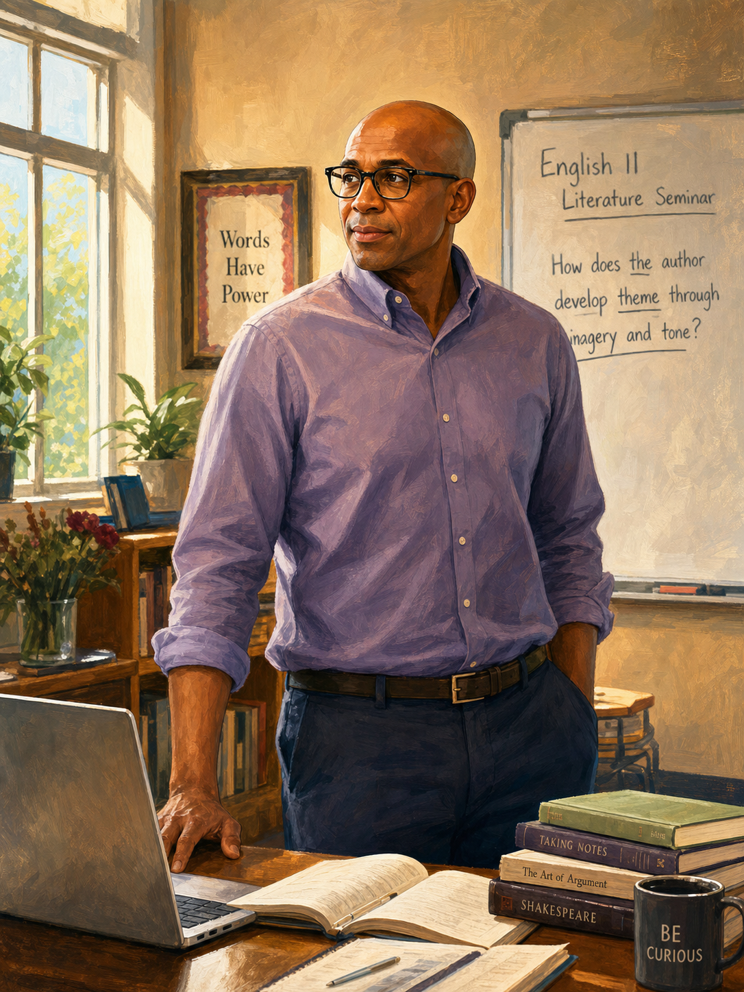 Painted portrait of Drew Snow, founder and CEO of Boomerang Projects, in his AP Seminar classroom.