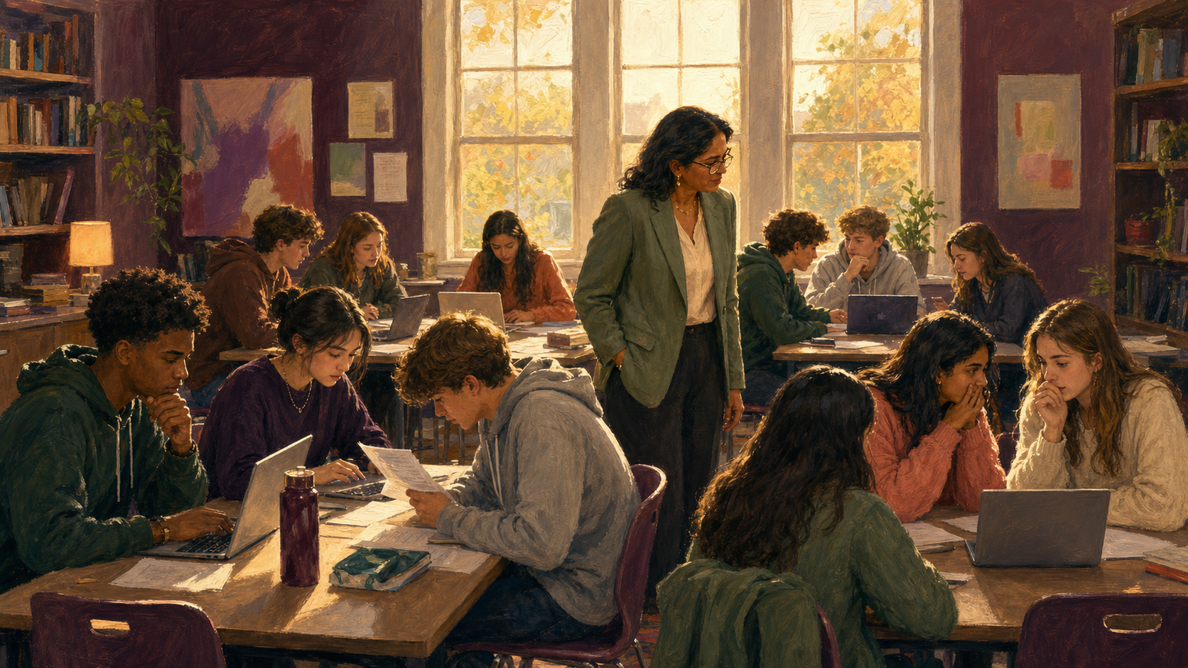 A teacher circulating through a full AP Seminar class.