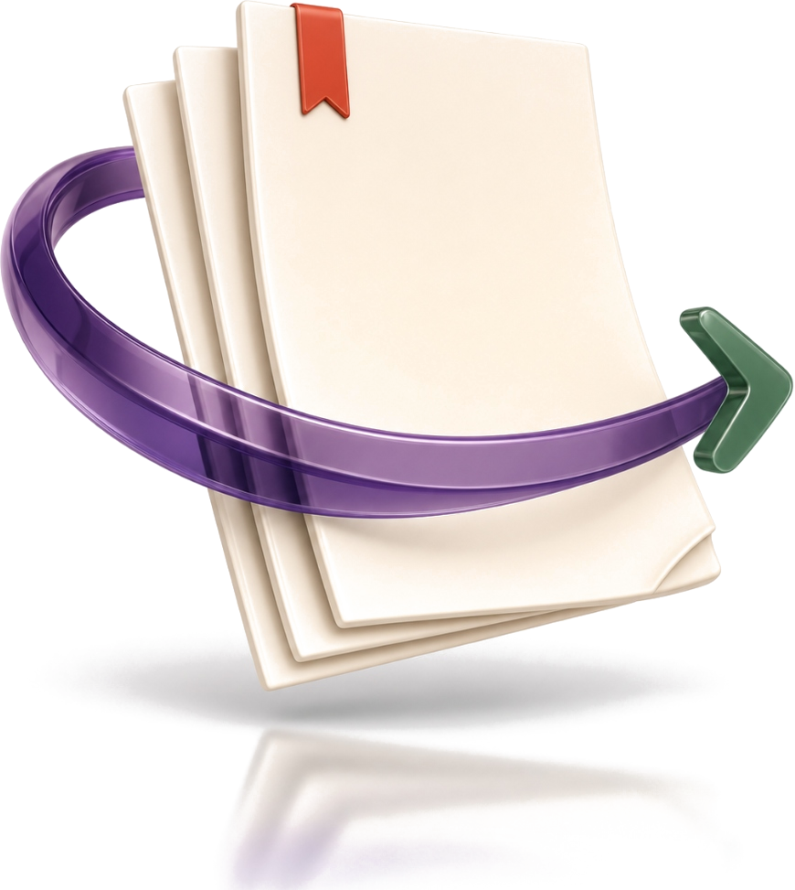 A 3D illustration of a stack of research papers wrapped by a plum boomerang arc with a sage return chevron — the Boomerang Projects mark.