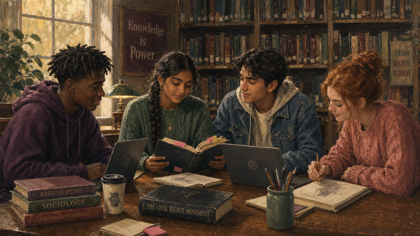 Four students collaborating in a school library.