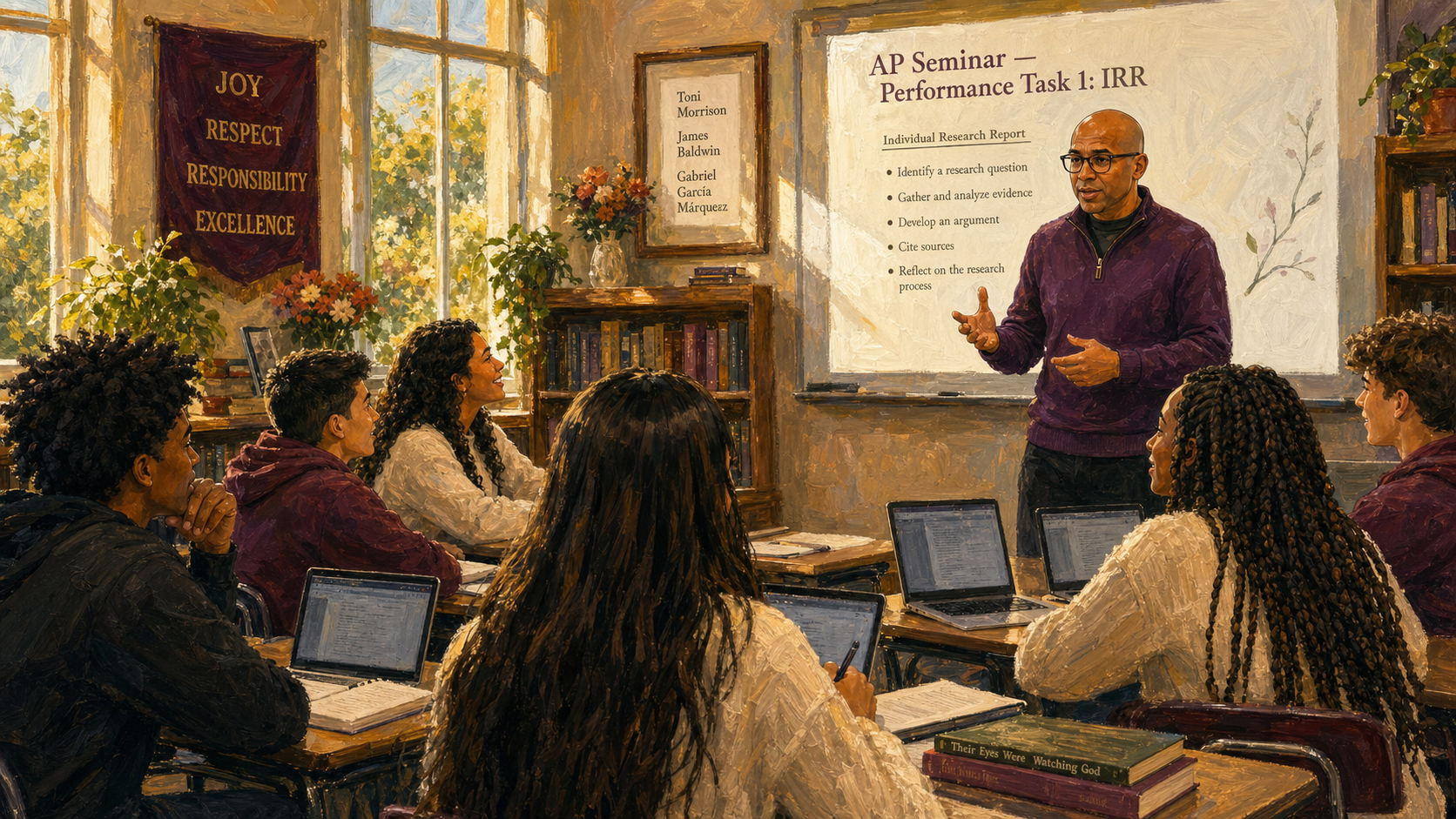 An AP Seminar teacher leading a lesson at the front of a classroom.