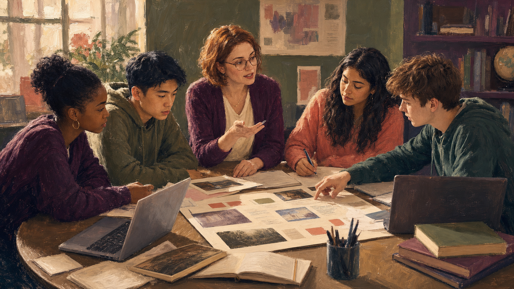 A teacher working with a small group of students around a table.